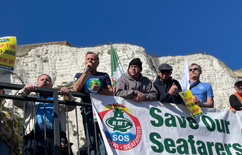 ITF Dockers&#039; Section Coordinator Enrico Tortolano addresses a rally for sacked P&amp;O Ferries workers in March 2022